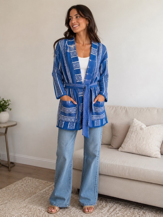 Cwonder Sweaters - Cwonder Blue Patterned Knit Belted Cardigan Sweater size M